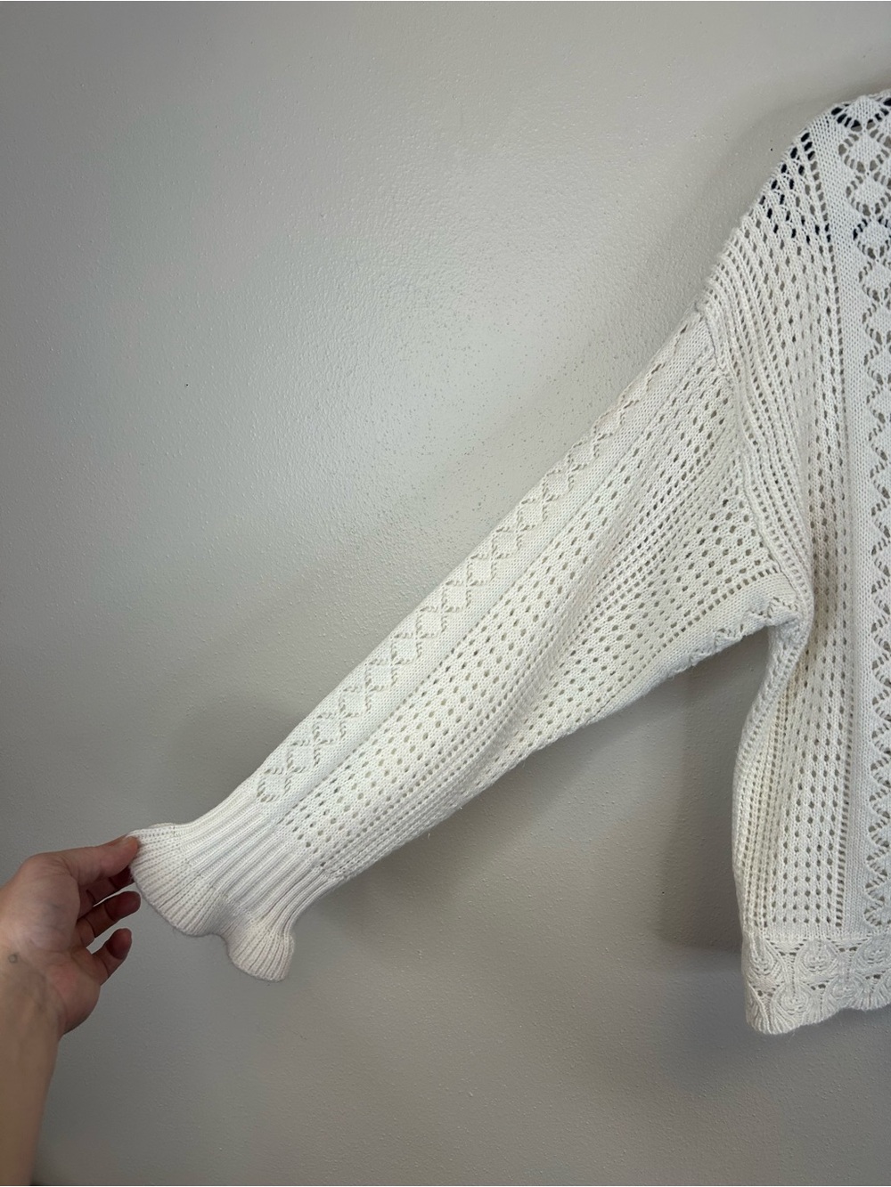 Cottagecore Feminine Size L Open Knit V-Neck Cardigan Sweater Pearl Buttons Boho - Picture 6 of 10